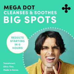 Dots for Spots oval patches on cheek demonstrate targeted coverage for pimples.