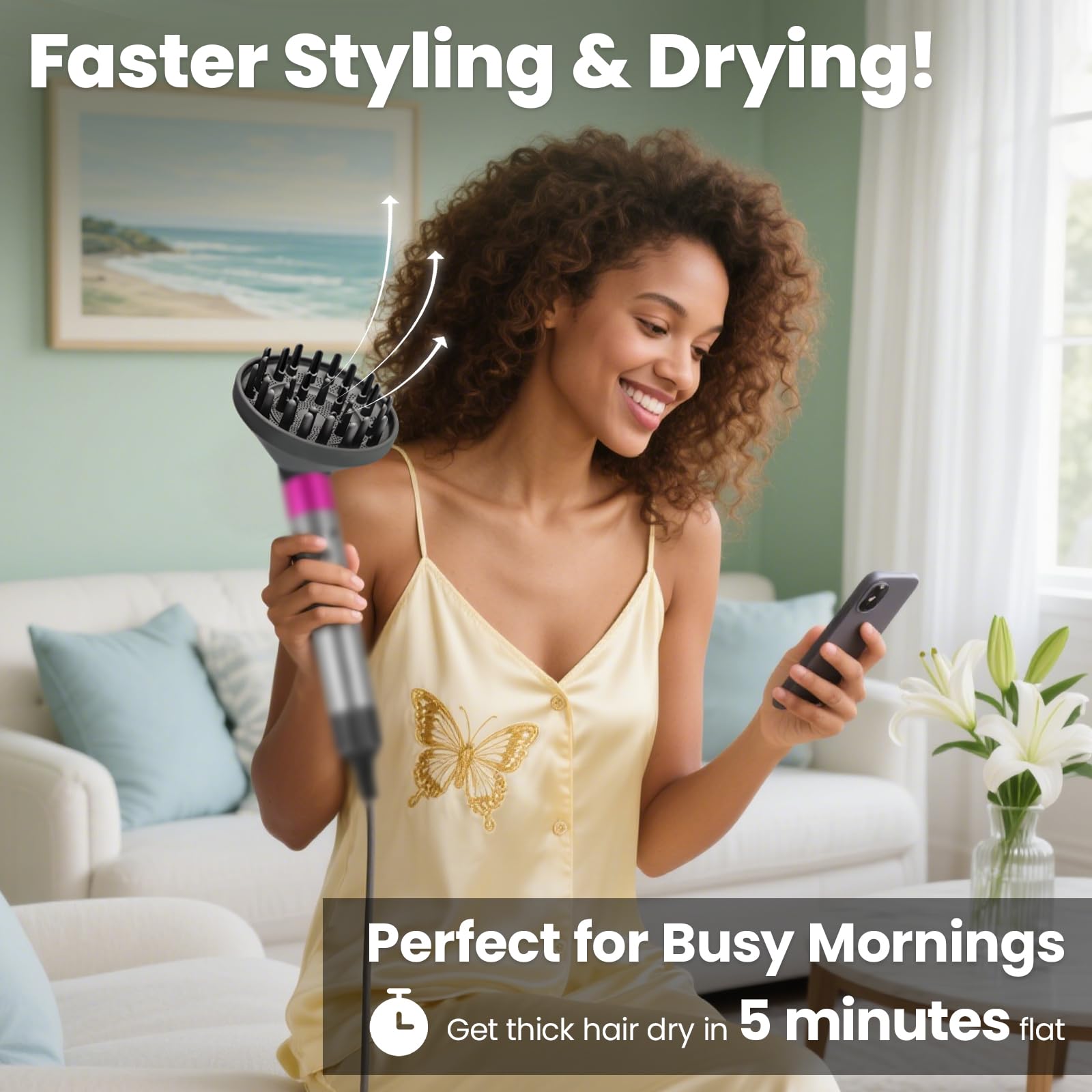 Dotspun diffuser attachment demonstrates ultra-fast drying with extended pins for thick curls.