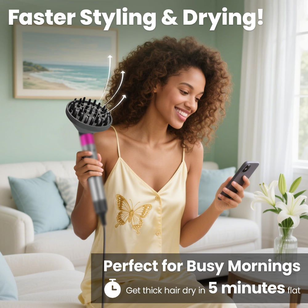 Dotspun diffuser attachment demonstrates ultra-fast drying with extended pins for thick curls.
