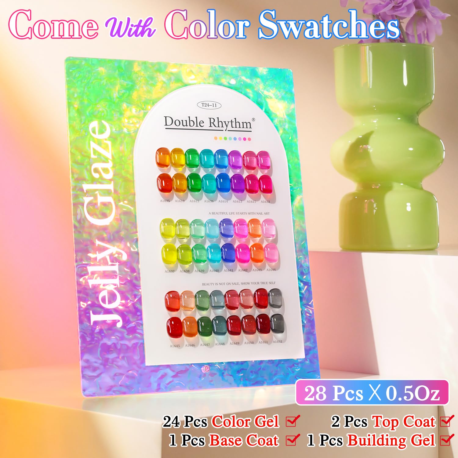Double Rhythm 28Pcs gel polish swatches display colors for all-season nail design.