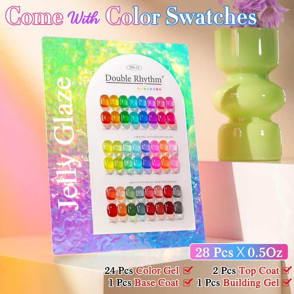 Double Rhythm 28Pcs gel polish swatches display colors for all-season nail design.