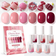 Double Rhythm packaging shows six HEMA-free gel polishes for at-home manicure options.