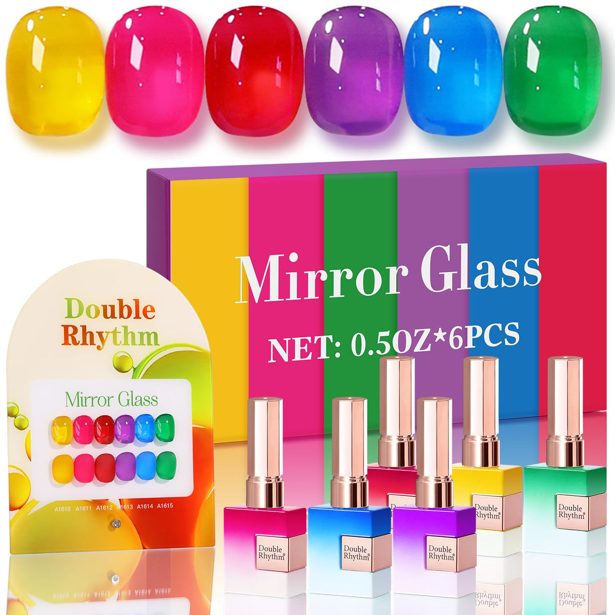 Double Rhythm bottle lineup of six 15ml gel polishes for at-home color exploration.