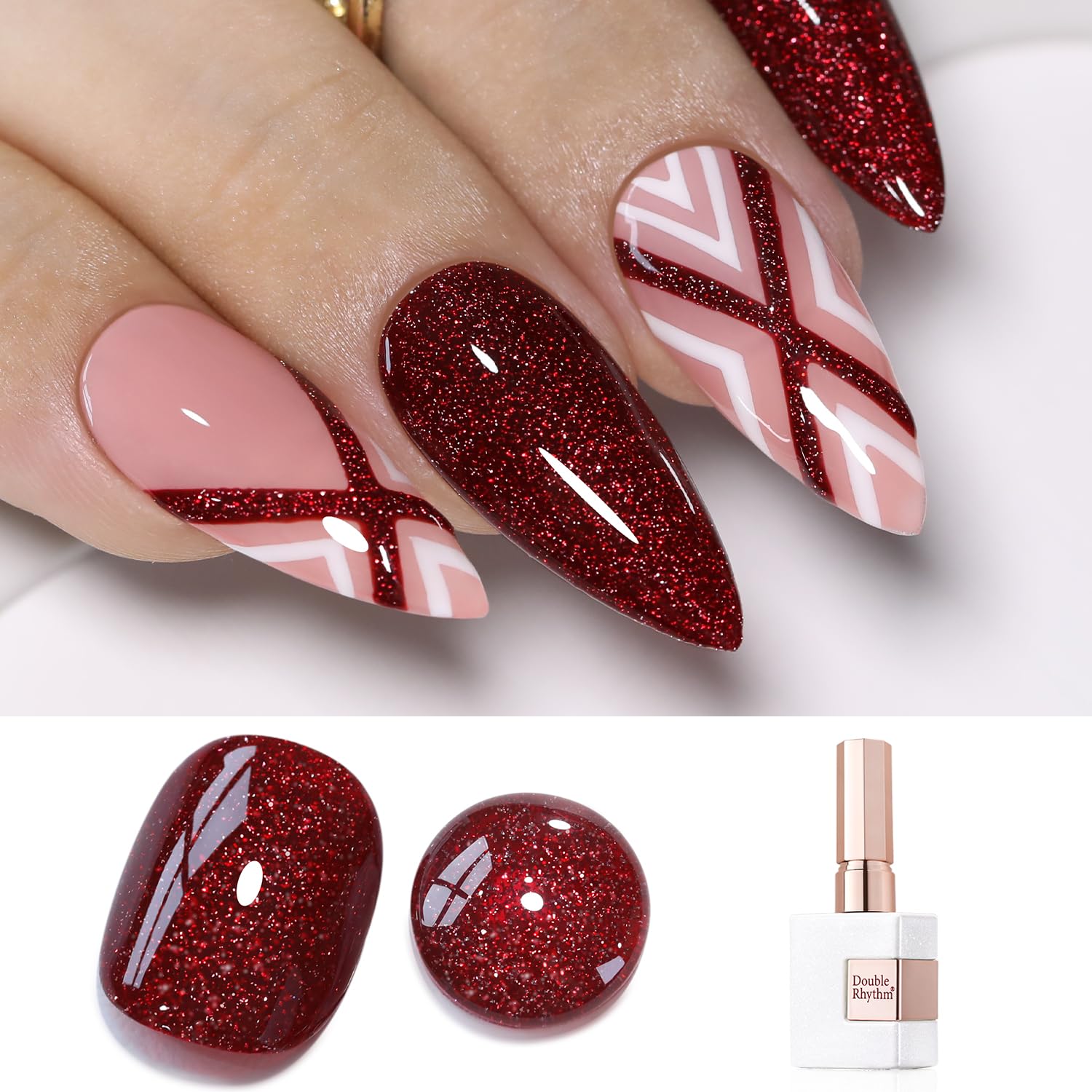Double Rhythm burgundy glitter gel bottle close-up showing shimmer and easy application