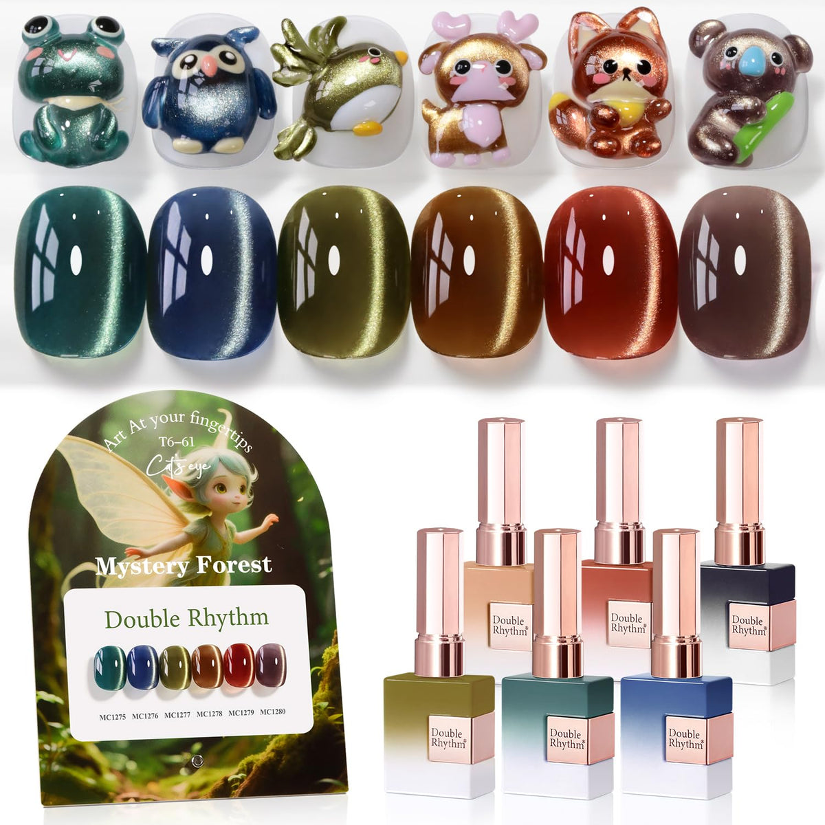 Double Rhythm cat-eye gel polish set with six bottles for a bold, long-lasting manicure.
