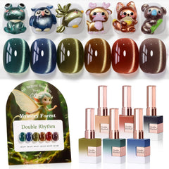 Double Rhythm cat-eye gel polish set with six bottles for a bold, long-lasting manicure.