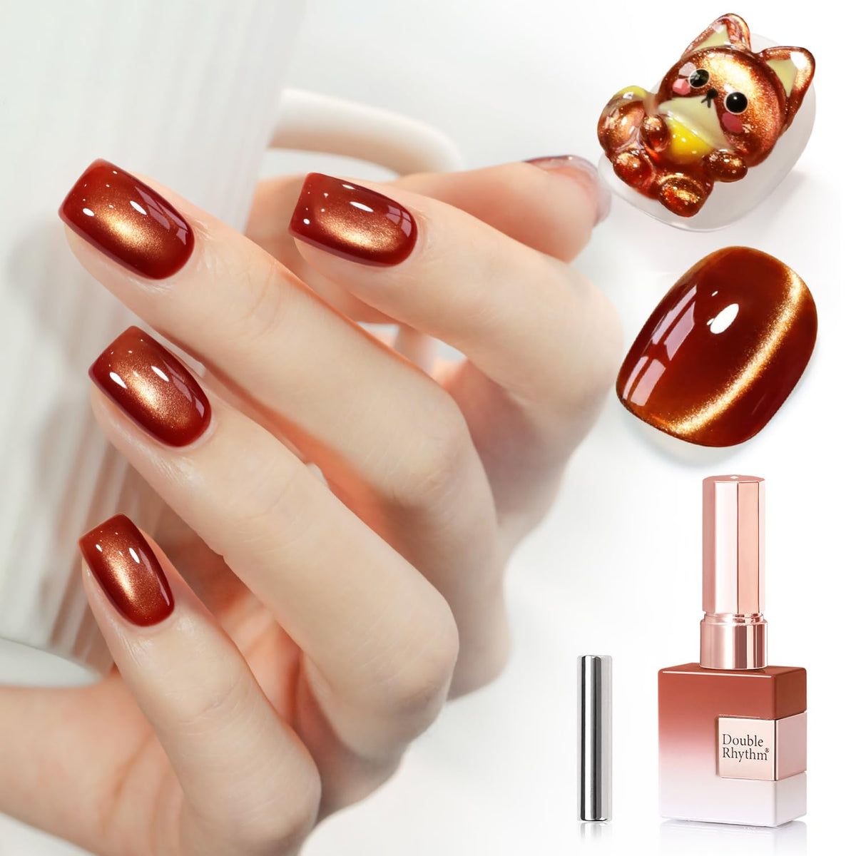Double Rhythm cat eye gel polish magnet reveals red-brown shimmer for chic nails.