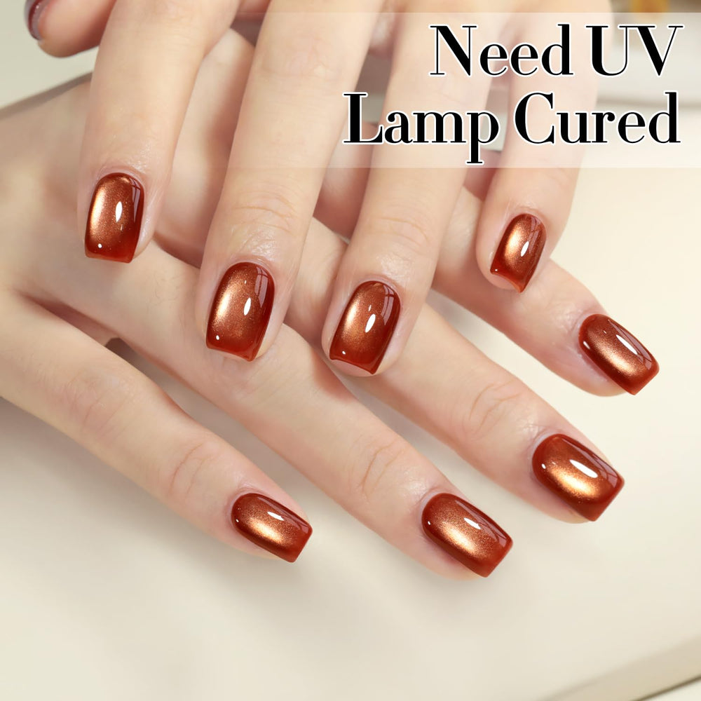 Double Rhythm cat eye gel polish translucent color with base glow under light.