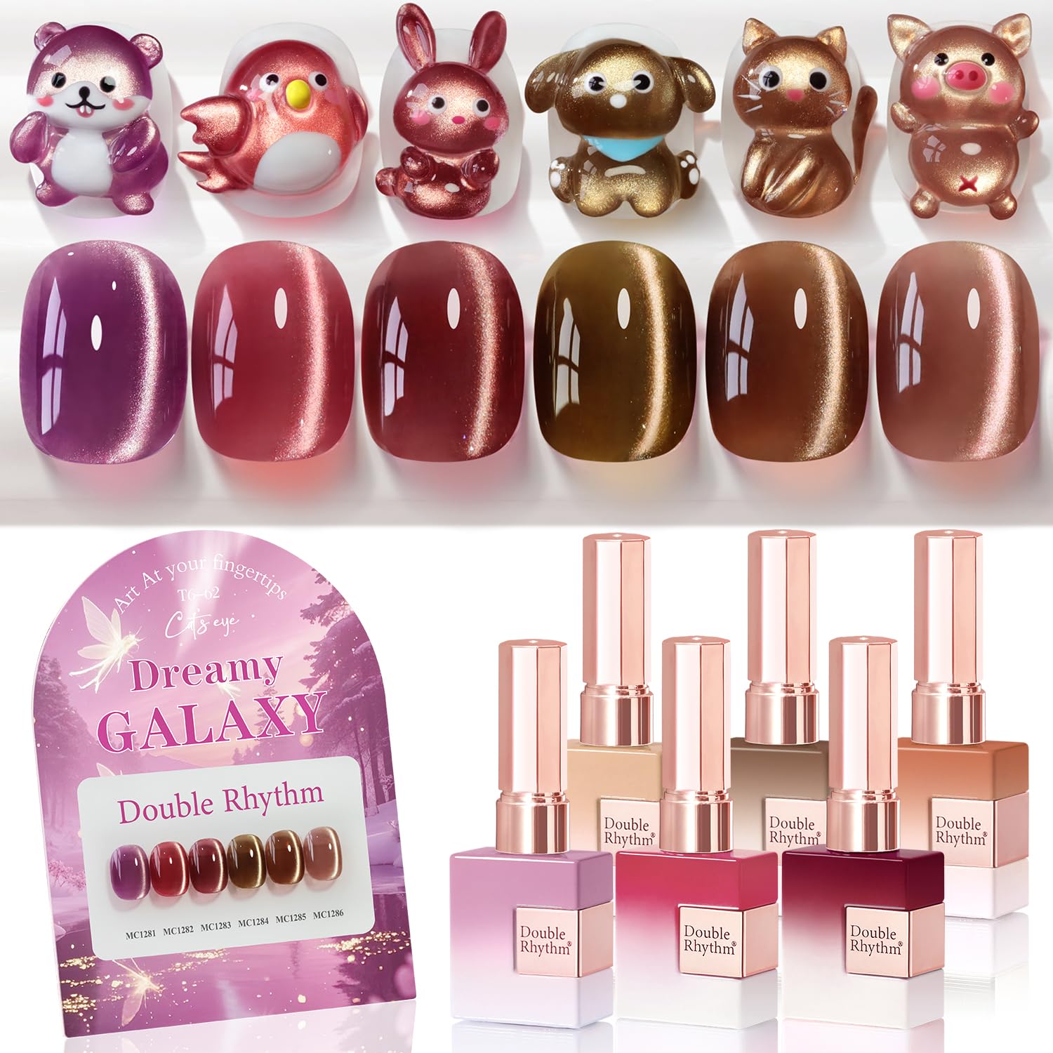 Double Rhythm cat eye polish rose-coffee-brown-red-t6-62 bottle 1 shows rich gel color for home manicures.
