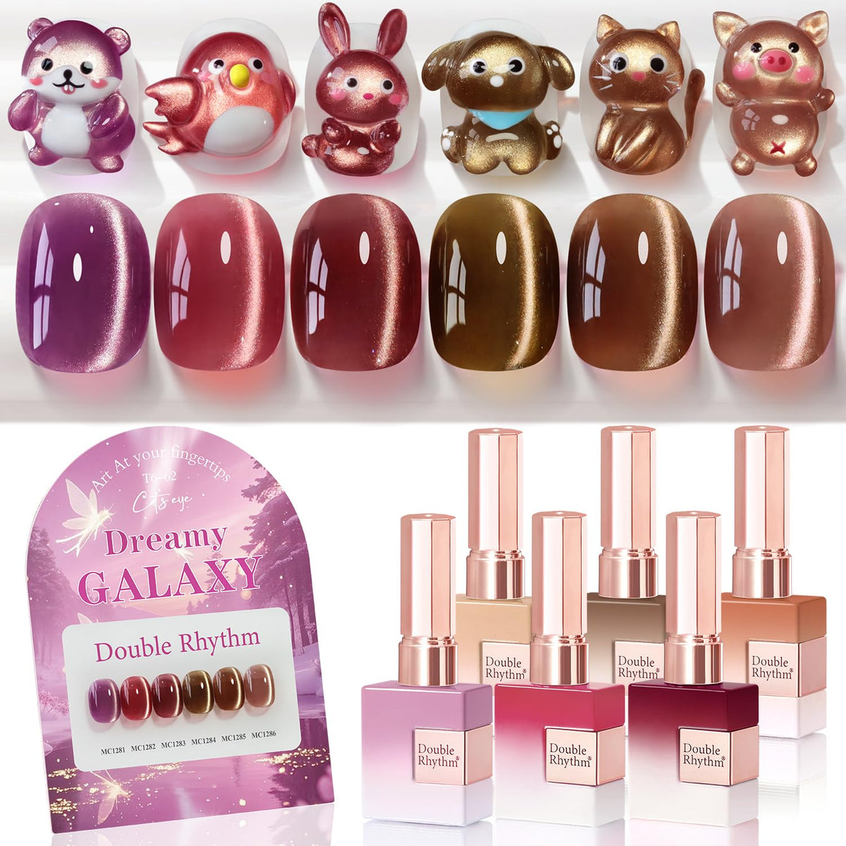 Double Rhythm cat eye polish rose-coffee-brown-red-t6-62 bottle 1 shows rich gel color for home manicures.