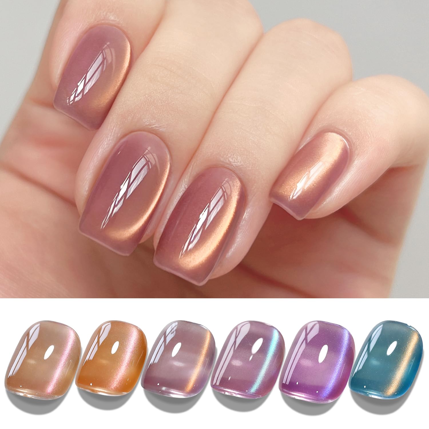 Double Rhythm cat eye gel polish swatches show color range and holographic glow for chic nails