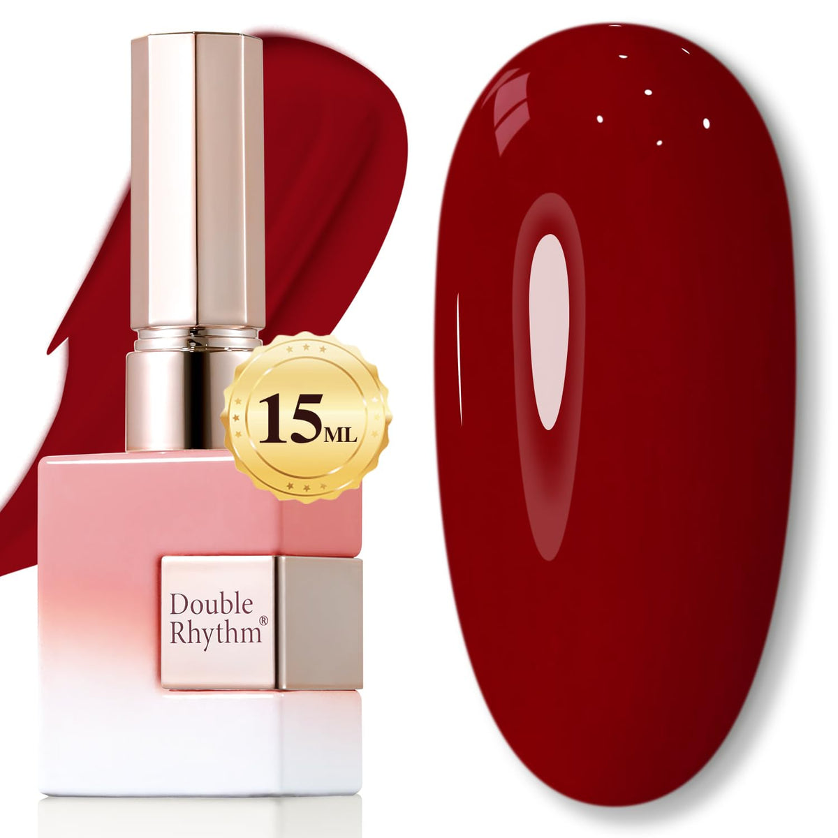 Double Rhythm dark red gel polish bottle shot reveals vibrant color with glossy finish.