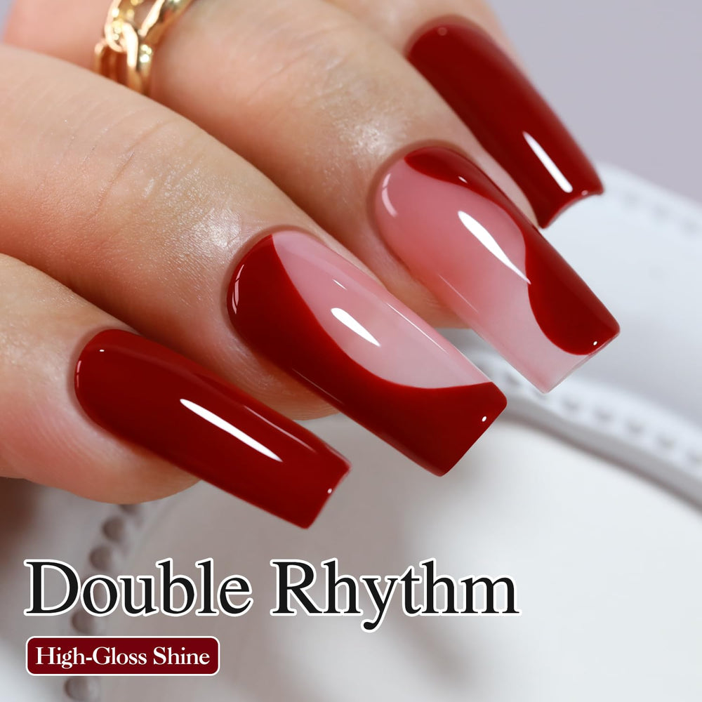 Double Rhythm dark red gel polish swatch close-up shows sheer color and depth.