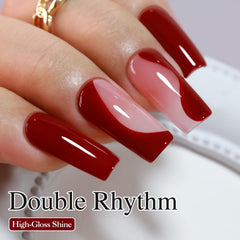 Double Rhythm dark red gel polish swatch close-up shows sheer color and depth.