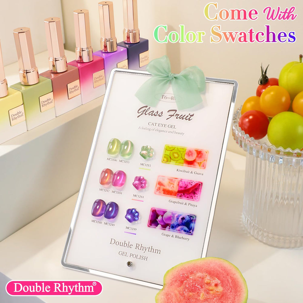 Double Rhythm Fruit Cat Eye in green glitter shimmer with magnet for holographic effect.
