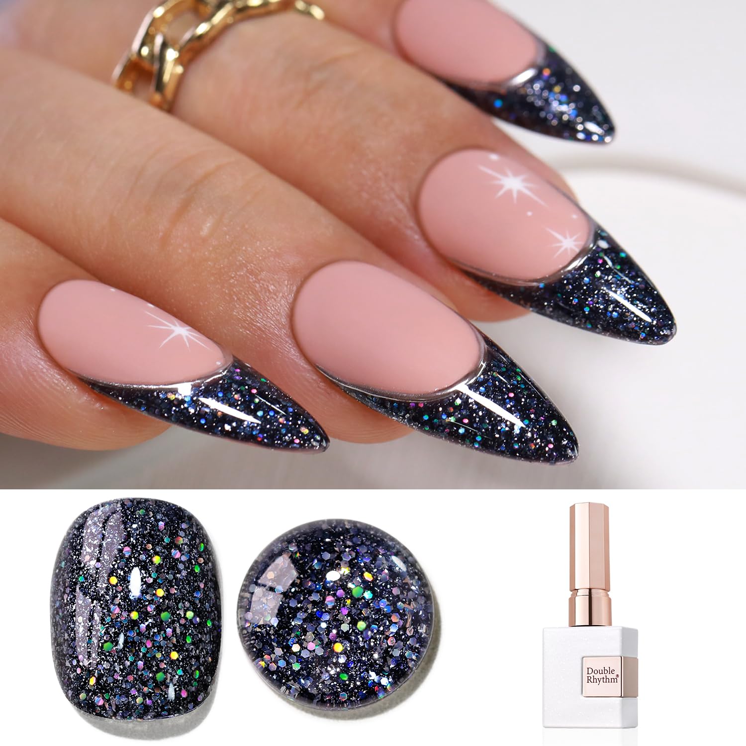 Double Rhythm Gel Polish Black Glitter Bottle showing bold nail color and sparkle.