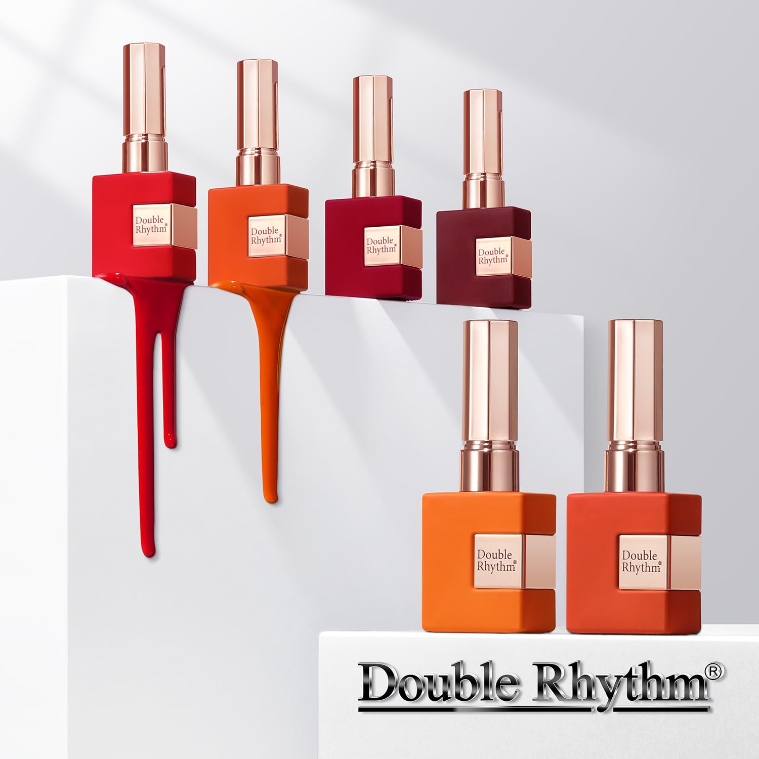 Double Rhythm gel polish bottle close-up with branding and gloss.