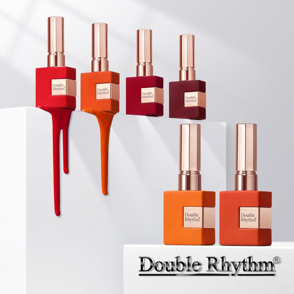 Double Rhythm gel polish bottle close-up with branding and gloss.