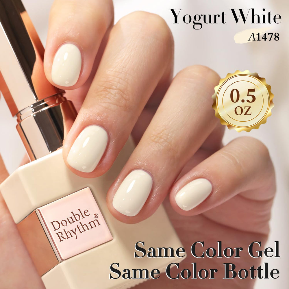 Double Rhythm gel polish bottle with label conveys consistent color for DIY manicures