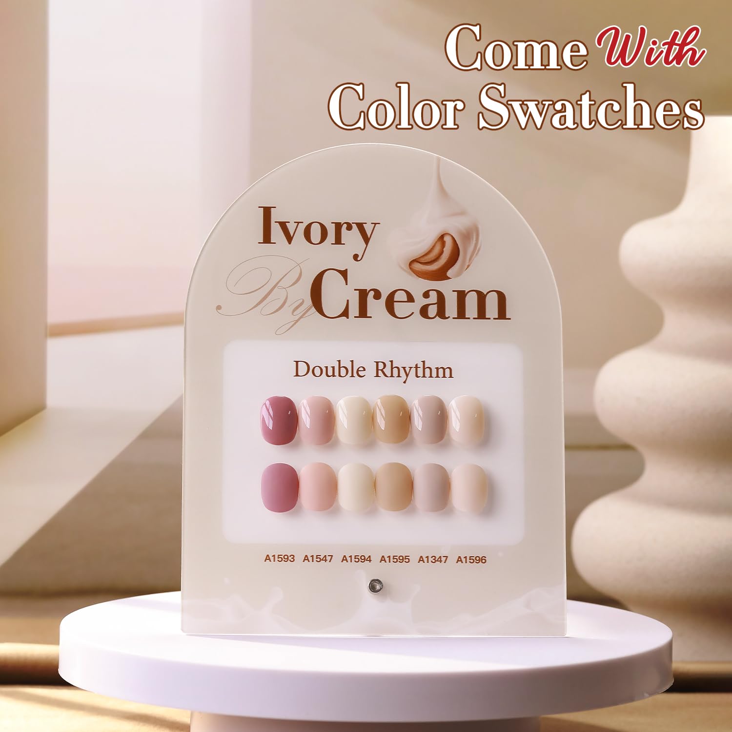 Double Rhythm gel polish color swatch shows light to nude tones for versatile looks.