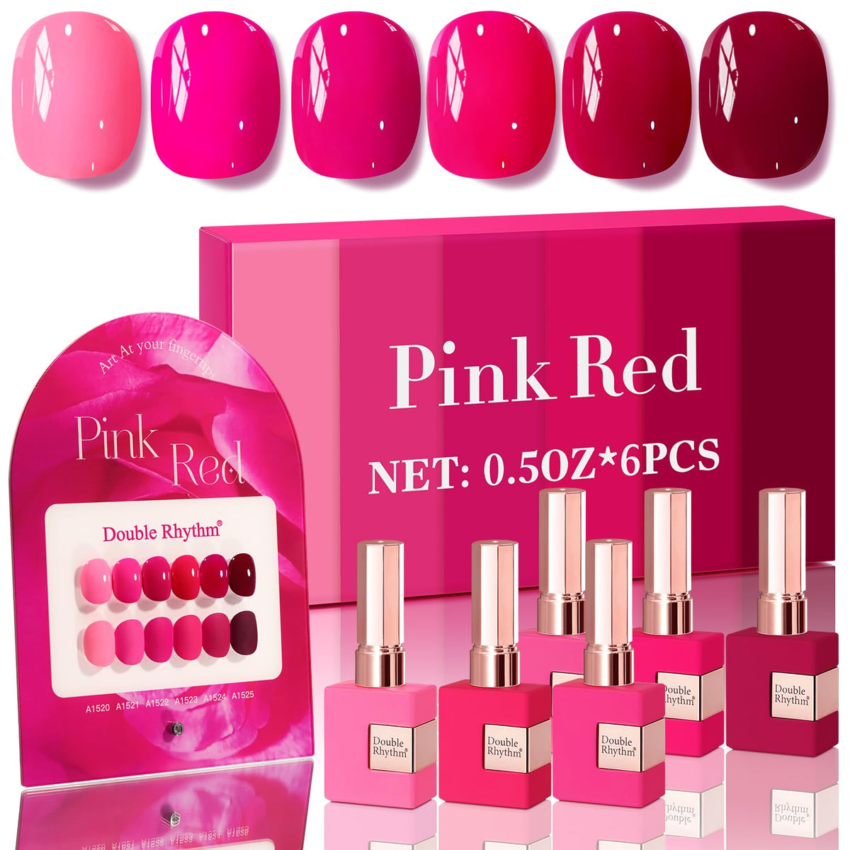 Double Rhythm gel polish set 6 pcs bottle close-up showing vibrant all-season color options for versatile manicures.