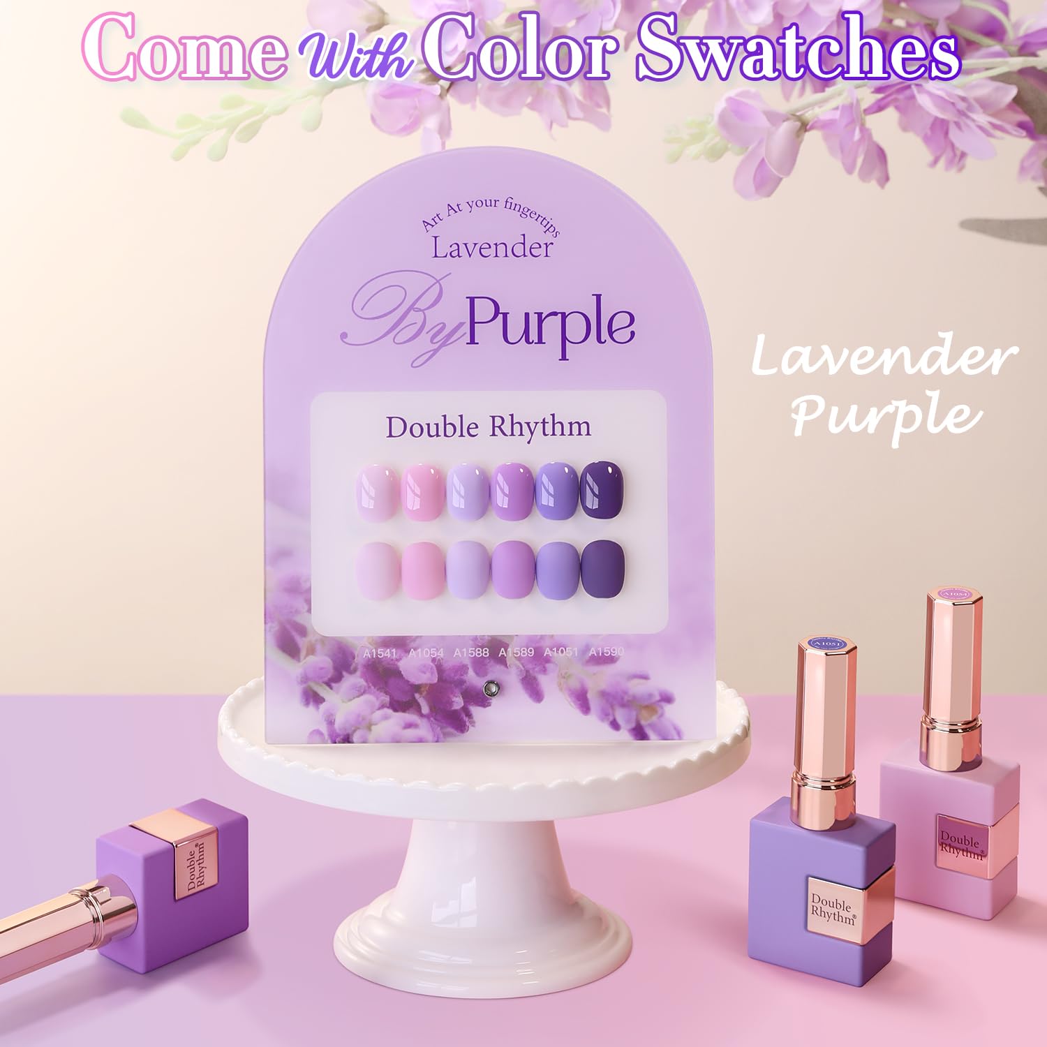 Double Rhythm color swatches display glitter shades for creative nail art ideas.