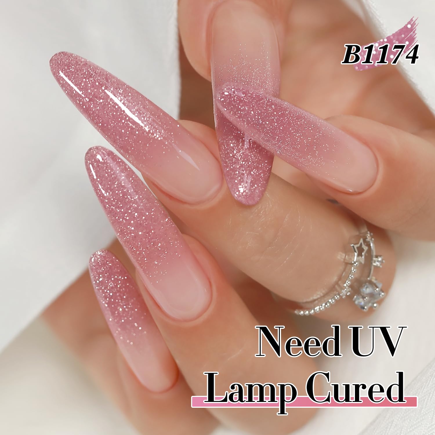 Double Rhythm glitter gel polish on nails illustrates 60-120 second UV/LED cure times.