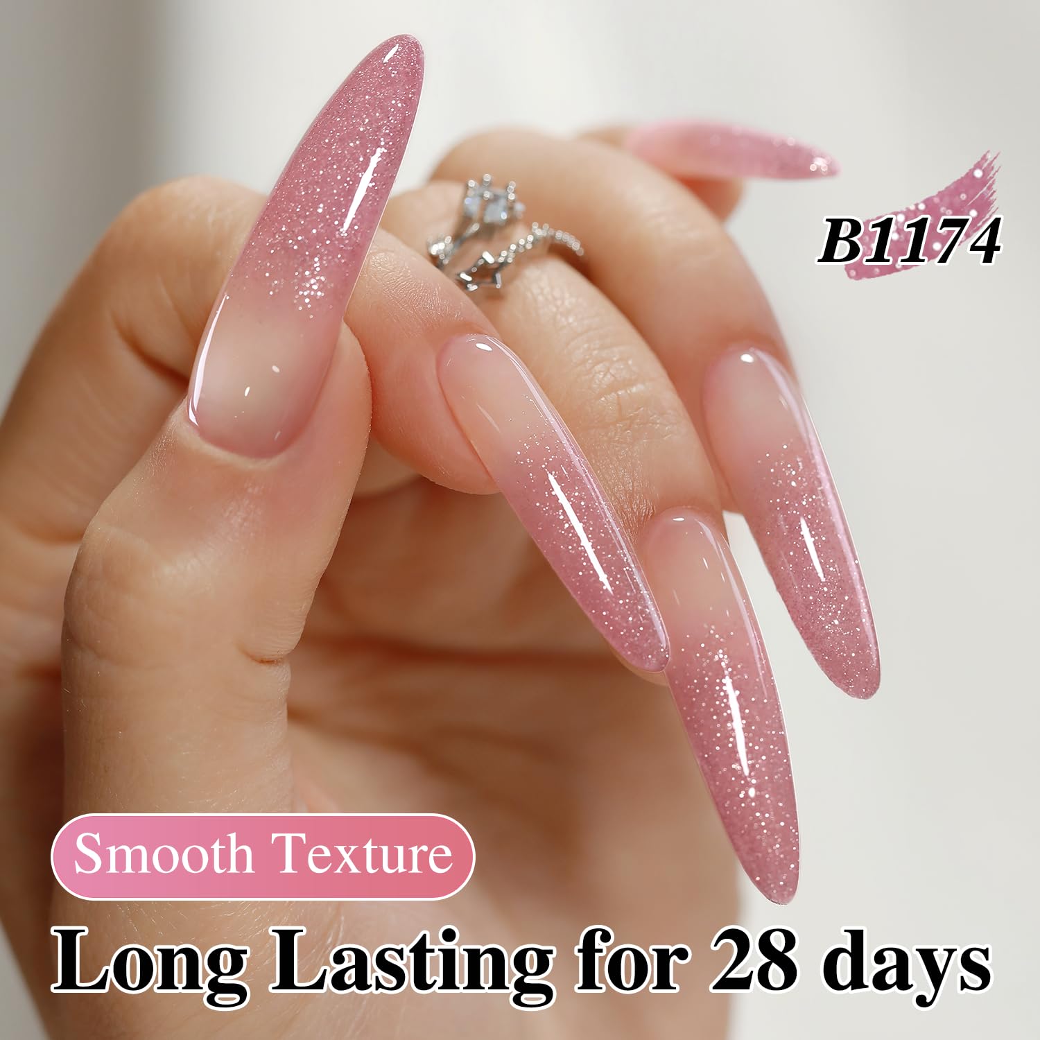 Double Rhythm glitter gel polish swatch demonstrates long-lasting wear up to 28 days with proper cure.