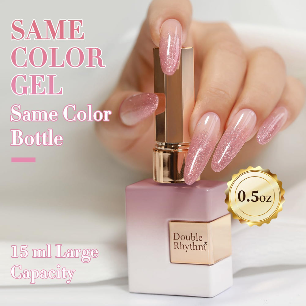Double Rhythm glitter gel polish bottle swirl demonstrates shake-before-use instruction for optimal effect.