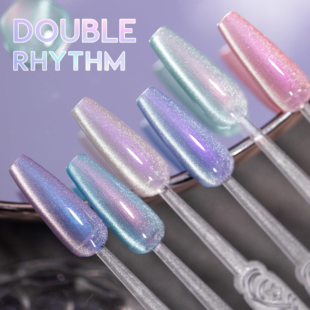 Double Rhythm glitter shimmering finish on nails under bright light.