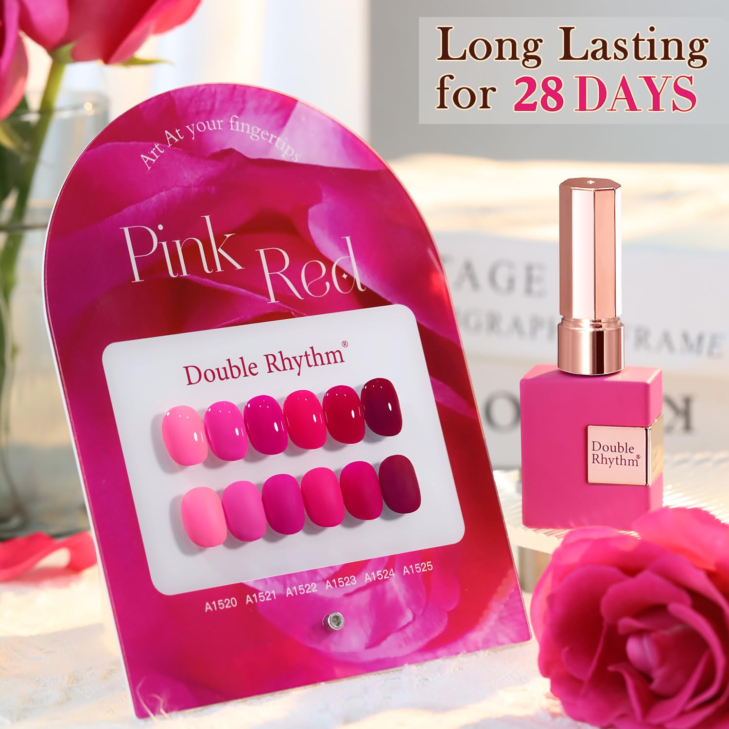 Double Rhythm gel polish under LED lamp with quick cure times hint.