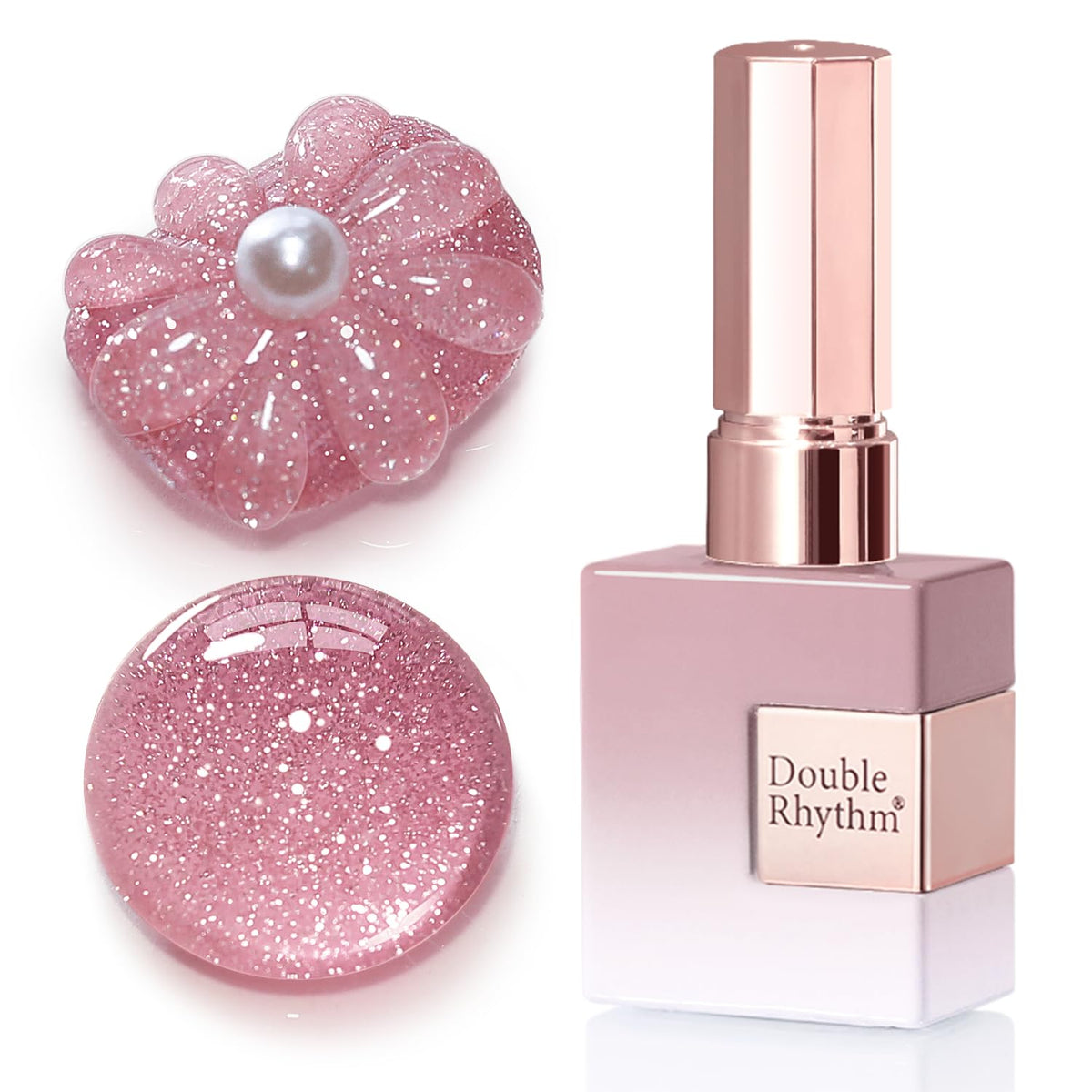 Double Rhythm light pink glitter gel polish bottle showing a shimmering finish for salon-grade nails.