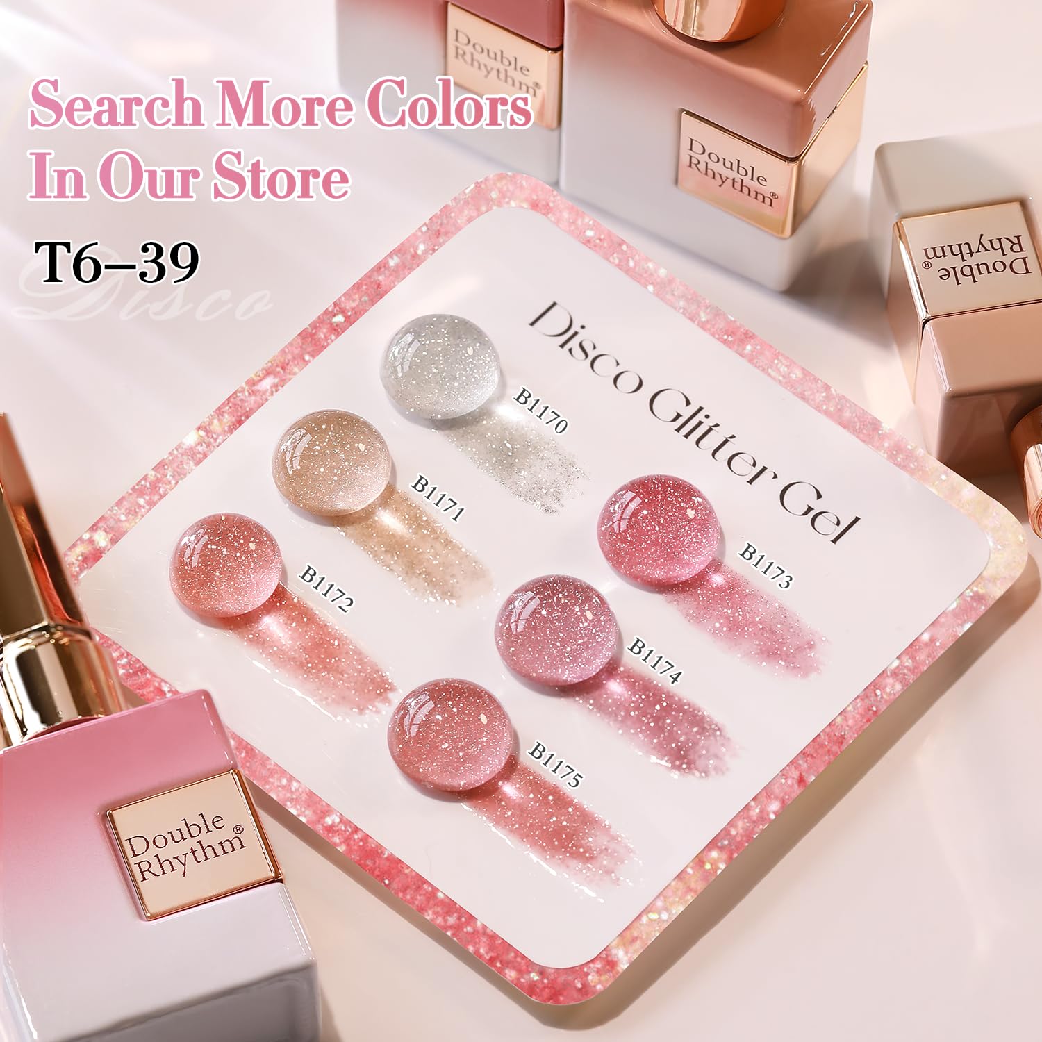 Double Rhythm glitter gel polish gift-ready packaging showcases versatile light pink shade for occasions.