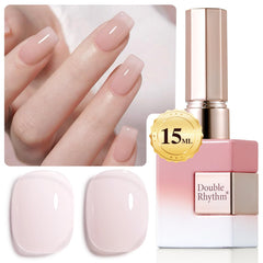 Double Rhythm milky pink gel polish bottle showing translucent color for subtle nails.