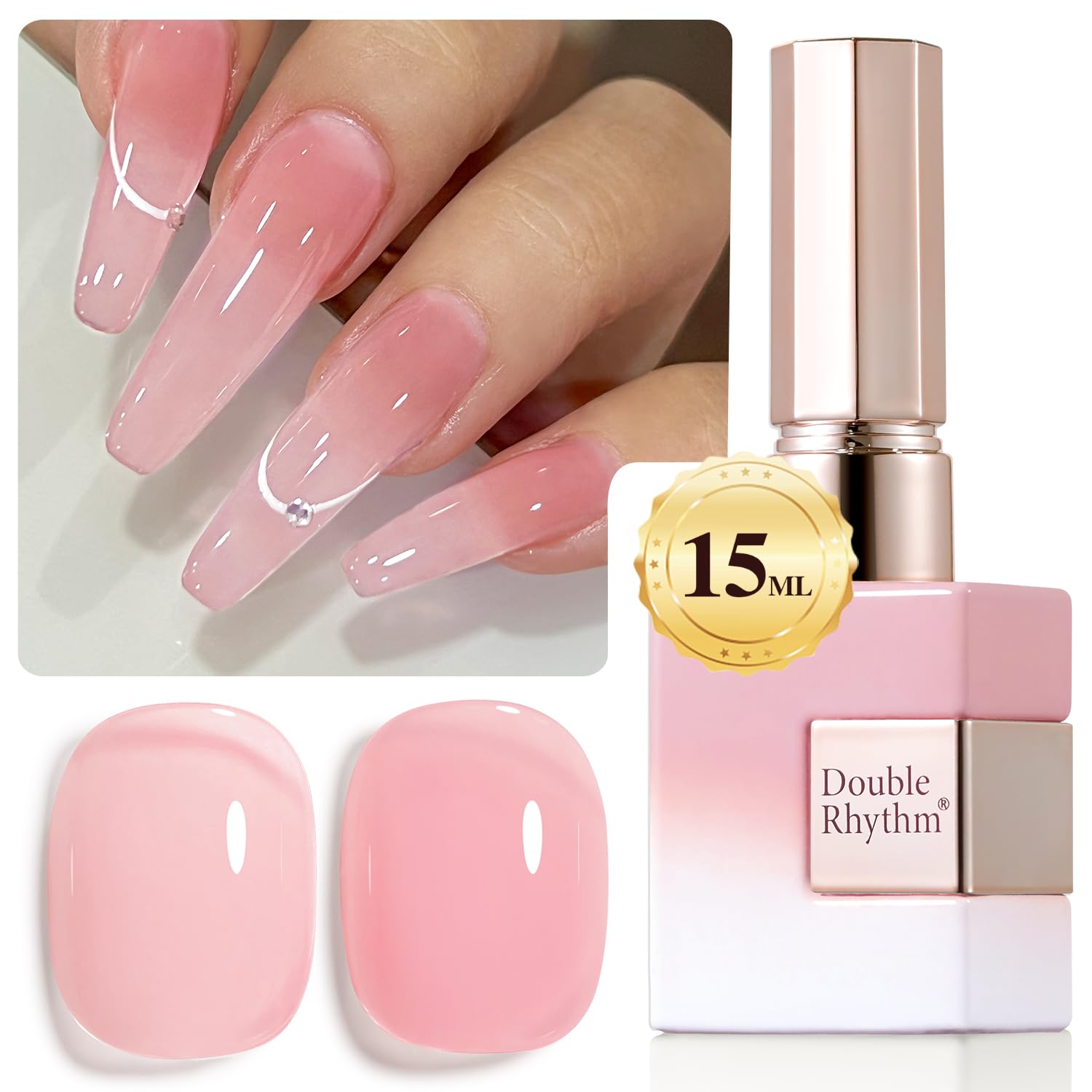 Double Rhythm milky pink jelly gel polish bottle shows translucent finish for DIY nails.
