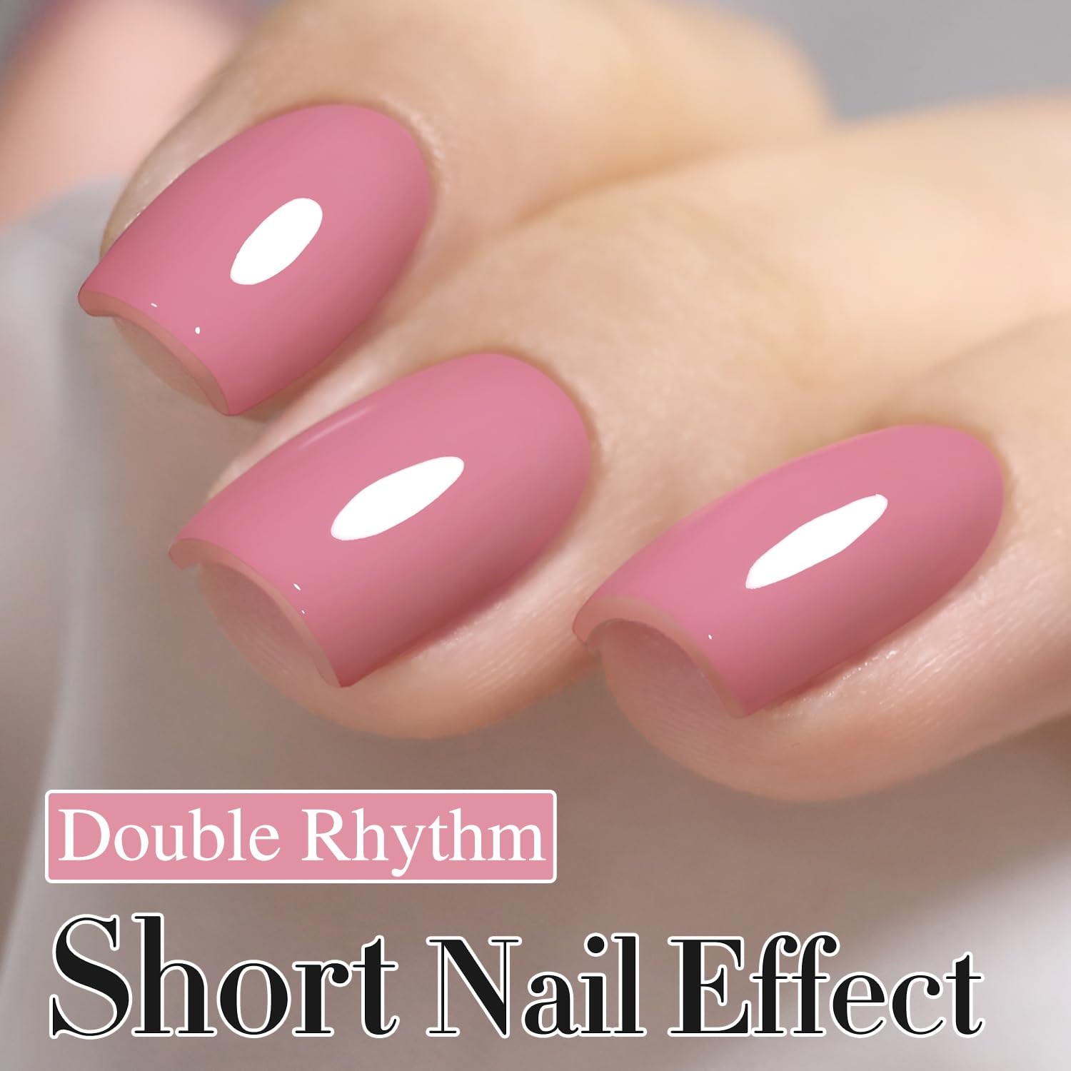 Double Rhythm pale pink gel polish bottle close-up showing smooth, even color.