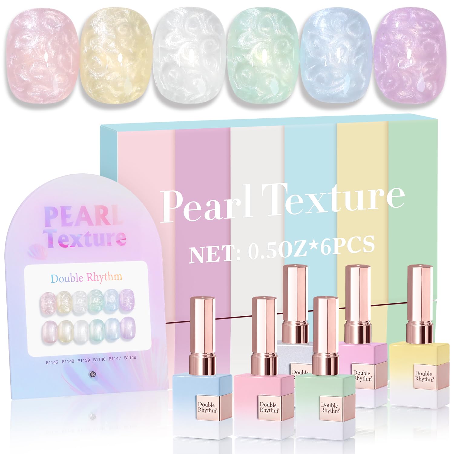 Double Rhythm pearl pink gel polish bottle offers vibrant salon-ready color.