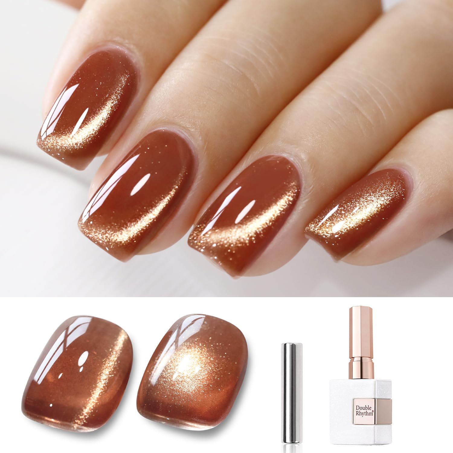 Double Rhythm Tea Gold bottle closeup shows ice-glass finish for luxe cat-eye color