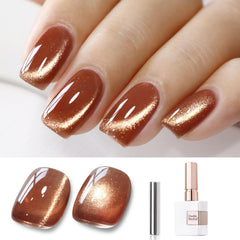 Double Rhythm Tea Gold bottle closeup shows ice-glass finish for luxe cat-eye color