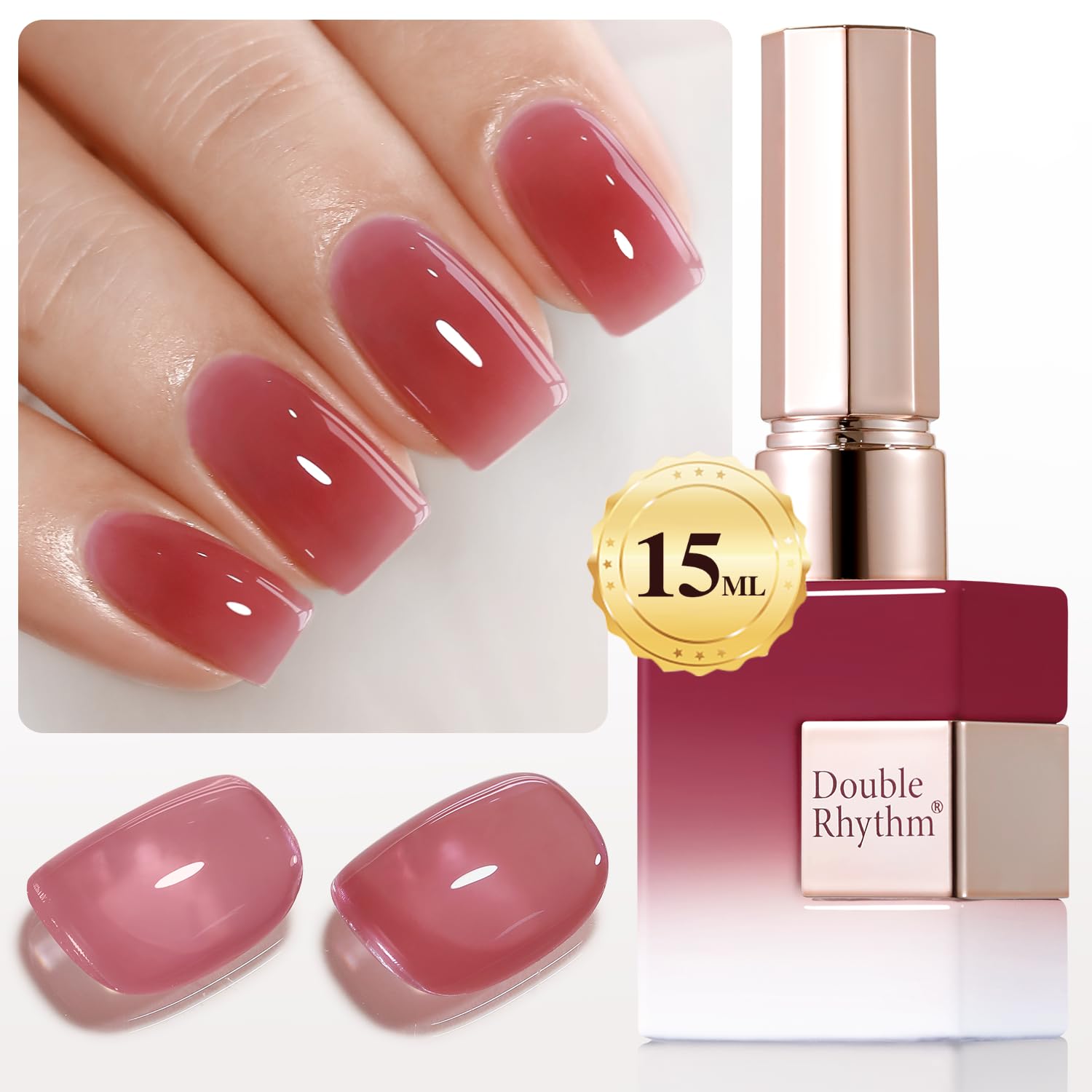 Double Rhythm translucent gel bottle pour demonstrates smooth consistency and potential long-lasting shine.