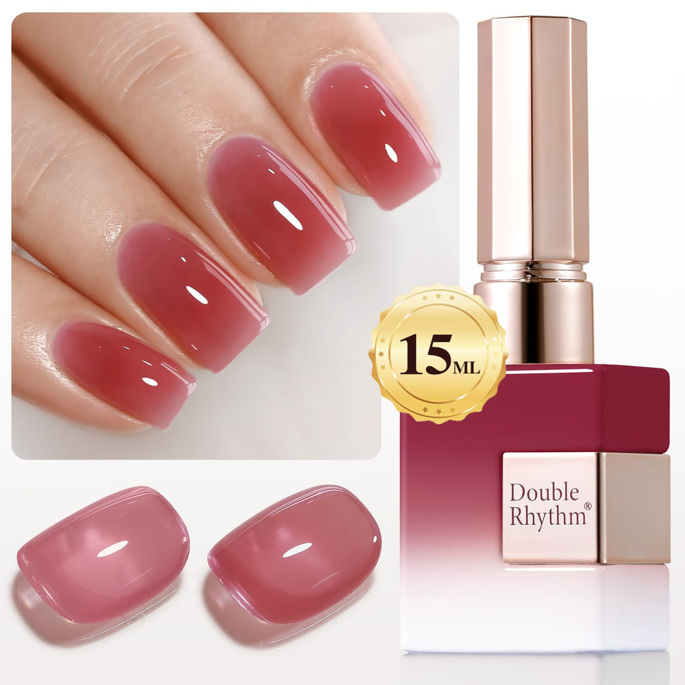 Double Rhythm translucent gel bottle pour demonstrates smooth consistency and potential long-lasting shine.