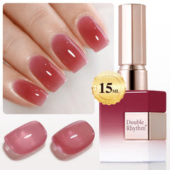 Double Rhythm translucent gel bottle pour demonstrates smooth consistency and potential long-lasting shine.