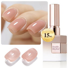 Double Rhythm translucent milky almond gel polish bottle offers a long-lasting glossy finish.