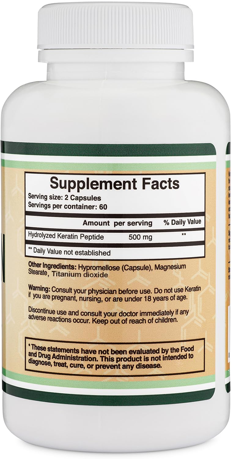 Close-up of Keratin Hair Growth Pills highlighting 500mg serving for hair support.