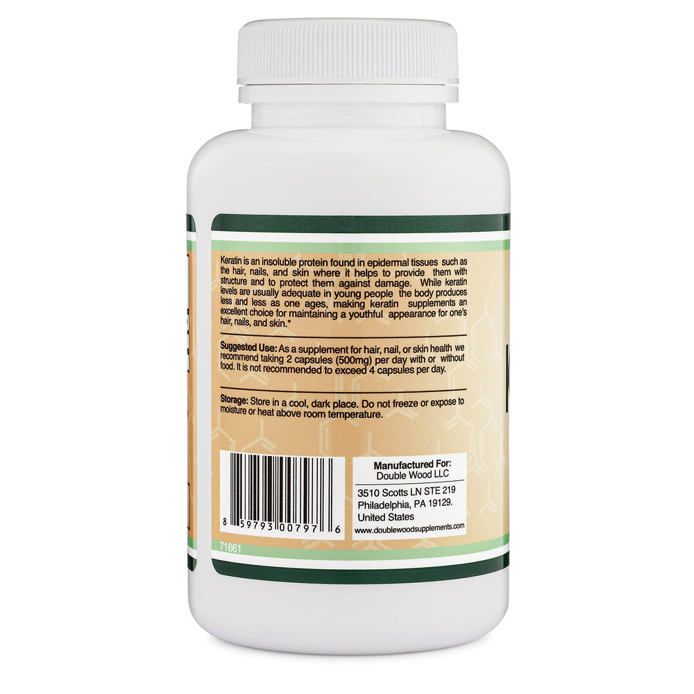 Double Wood Keratin pills with soft lighting conveys premium hair-support benefits.