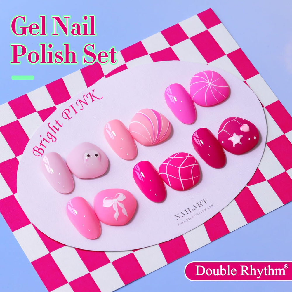 Double Rhythm neon-pink and purple swatches on a nail wheel.