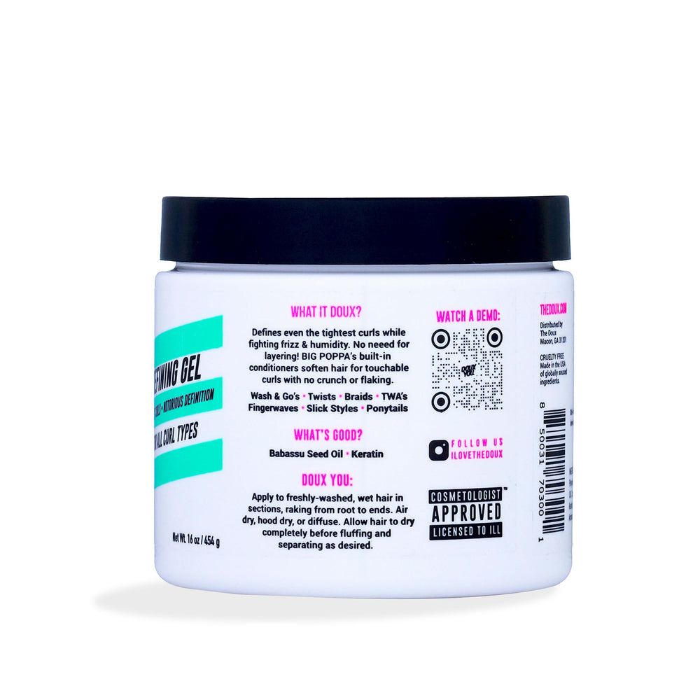 The Doux BIG POPPA shine-frizz closeup captures glossy, controlled curls