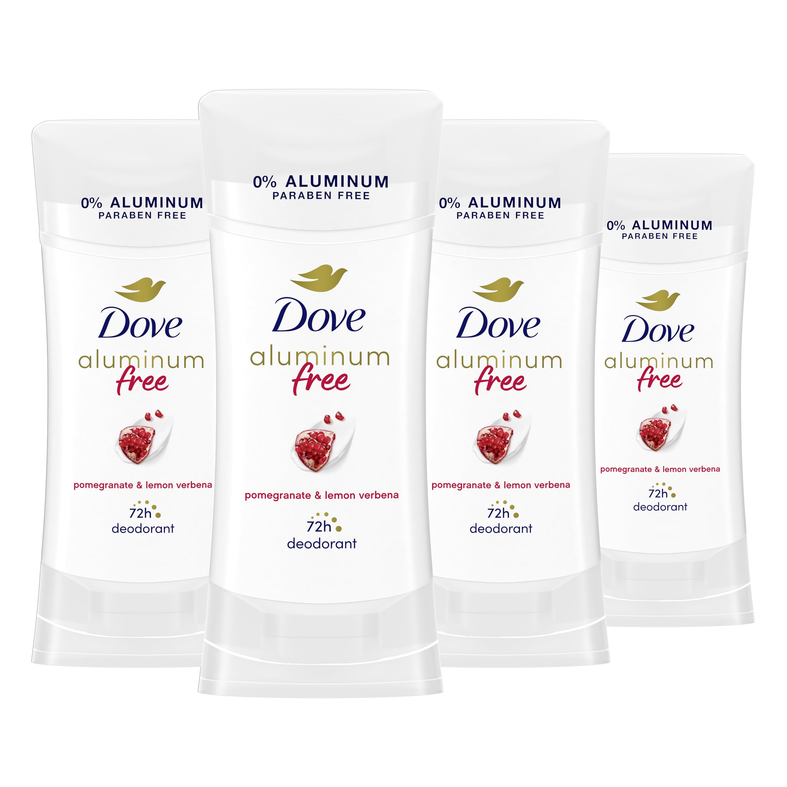 Dove 0-percent aluminum deodorant stick packaging with pomegranate-verbena for on-the-go freshness.