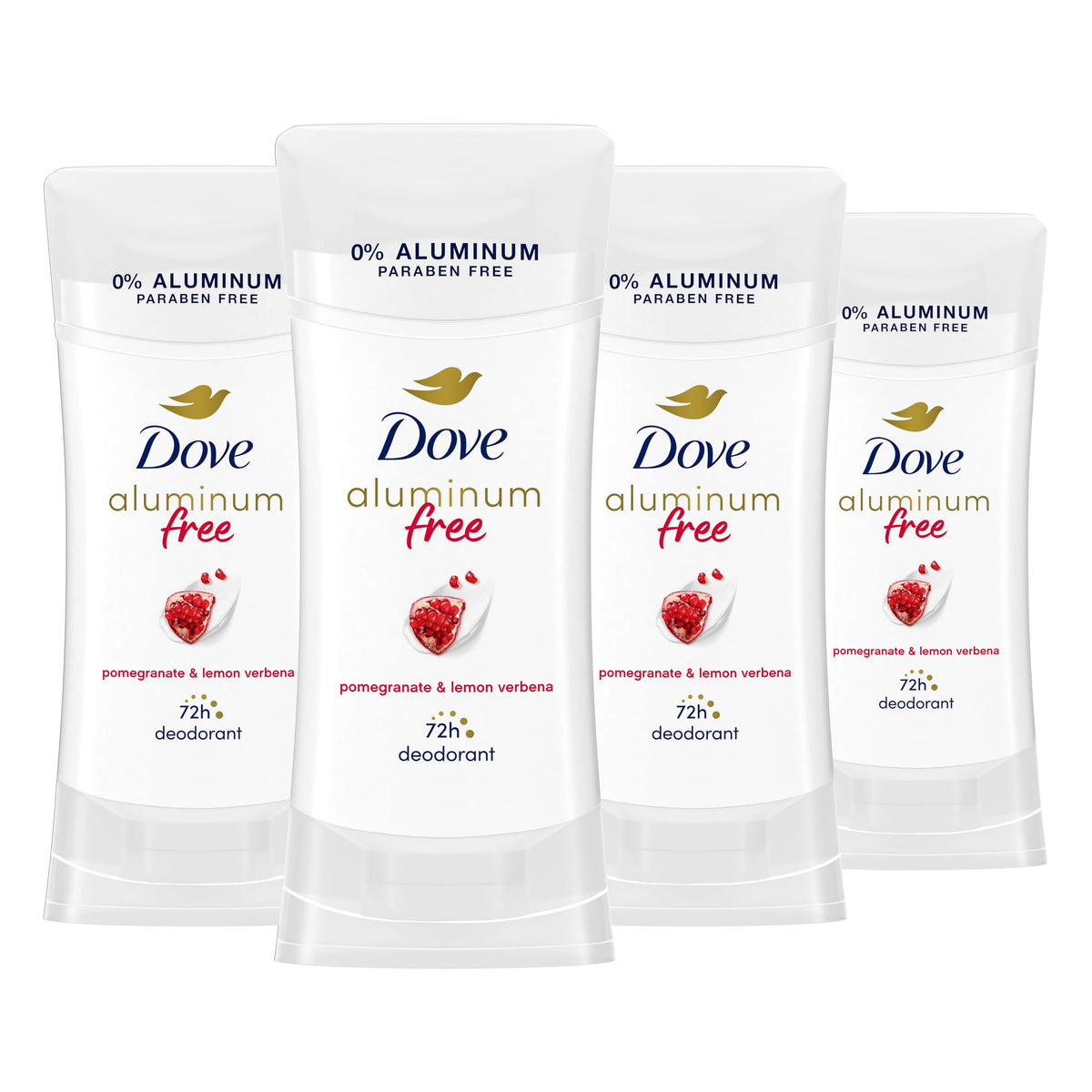 Dove 0-percent aluminum deodorant stick packaging with pomegranate-verbena for on-the-go freshness.
