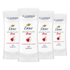 Dove 0-percent aluminum deodorant stick packaging with pomegranate-verbena for on-the-go freshness.